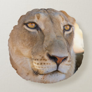 A portrait of a Lioness looking into the distance Round Cushion