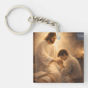A Prayer on His Knees with Jesus Key Ring