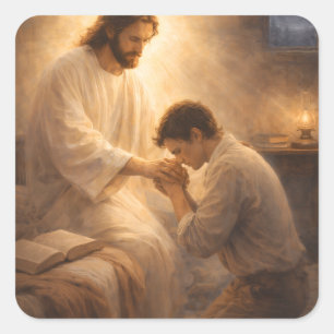 A Prayer on His Knees with Jesus Square Sticker
