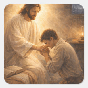 A Prayer on His Knees with Jesus Square Sticker