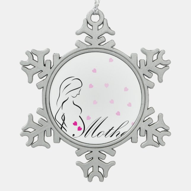 A pregnant mother-to-be with miniature pink hearts snowflake pewter christmas ornament (Front)