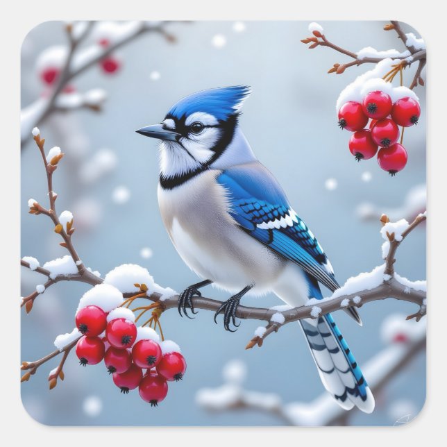 A Pretty Blue Jay on a Snowy Branch Christmas Square Sticker (Front)