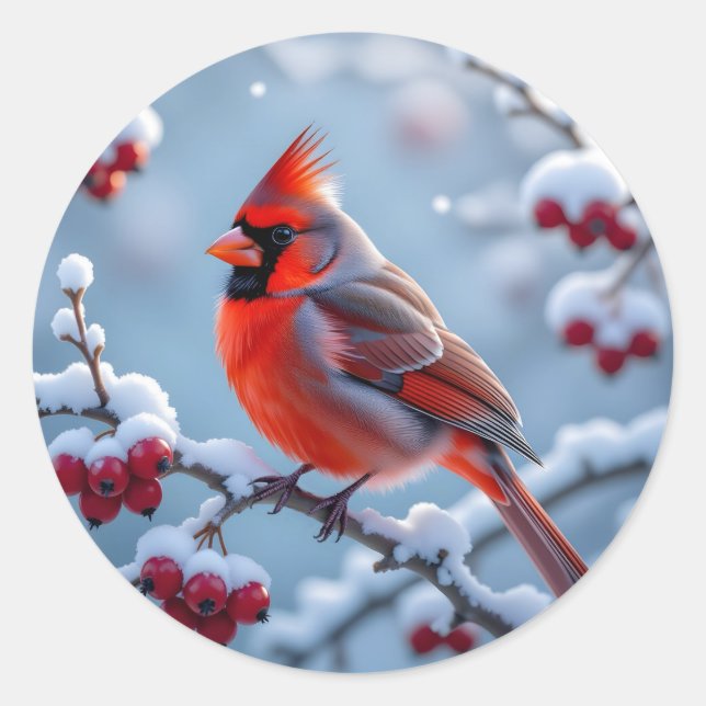 A Pretty Cardinal on a Snowy Branch Christmas Classic Round Sticker (Front)