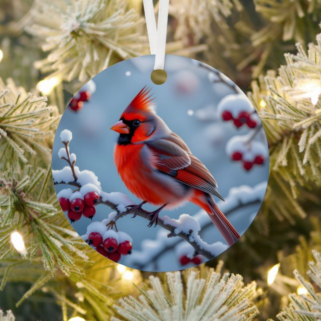 A Pretty Cardinal | Personalised Christmas Metal Tree Decoration (Insitu)