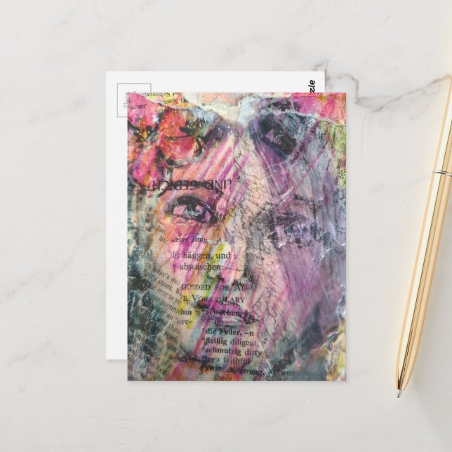 A pretty face mixed media collage postcard (Front/Back In Situ)