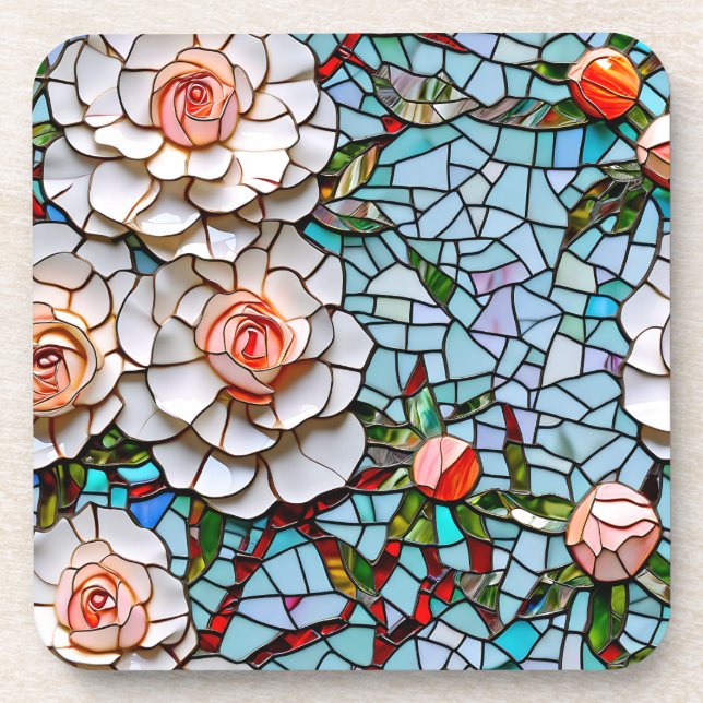 A Pretty Faux Mosaic Floral Pattern Coaster (Front)