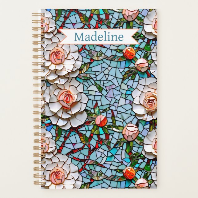 A Pretty Faux Mosaic Floral Pattern Personalised Planner (Front)