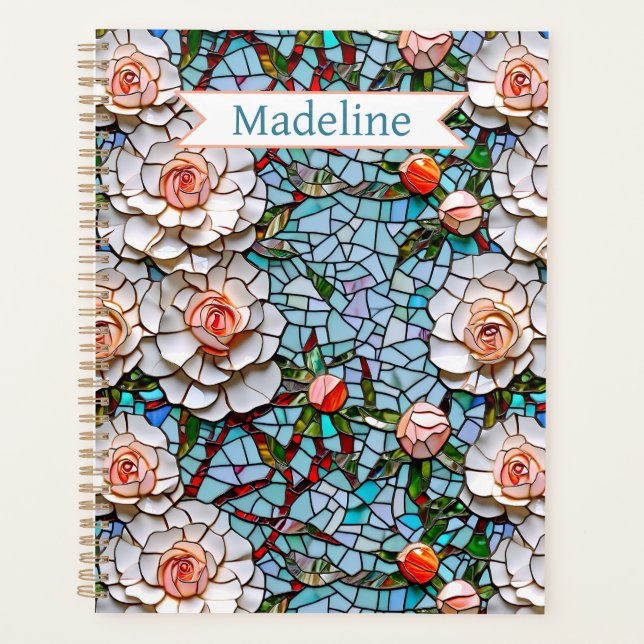 A Pretty Faux Mosaic Floral Pattern Personalised Planner (Front)