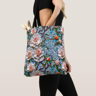 A Pretty Faux Mosaic Floral Pattern Tote Bag