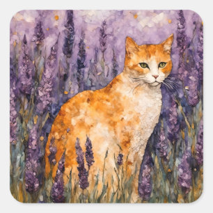 A pretty ginger cat in a lavender field square sticker