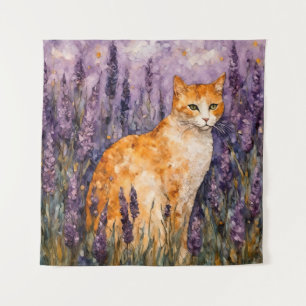 A pretty ginger cat in a lavender field  tapestry