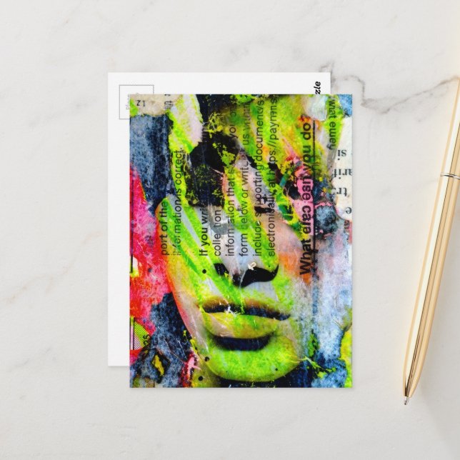 A pretty green face mixed media collage postcard (Front/Back In Situ)