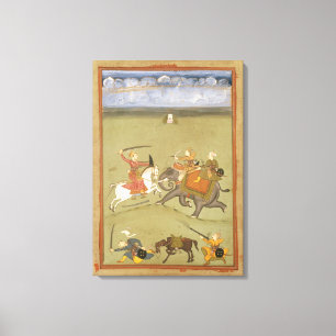 A Prince Fighting his Enemies on an Elephant, c.17 Canvas Print