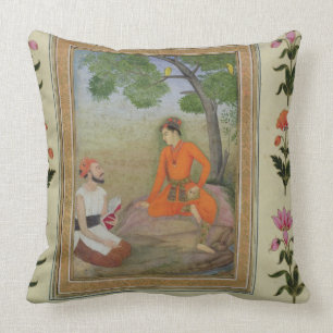 A prince in discussion with a religious man holdin cushion