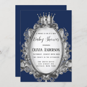 A Prince Is On It's Way Navy Silver Baby Shower Invitation