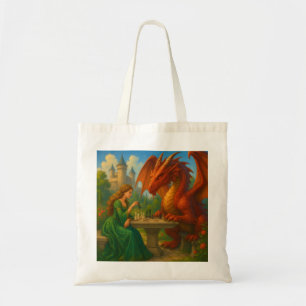 A princess playing chess with a dragon fantasy art tote bag