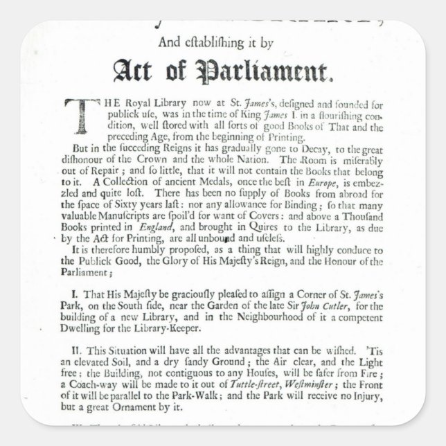 A Proposal for building a Royal Library, 1697 Square Sticker (Front)