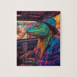 A psychedelic lizard in a vehicle jigsaw puzzle