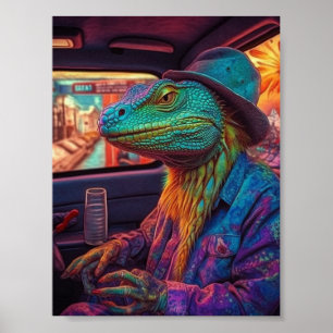 A psychedelic lizard in a vehicle poster