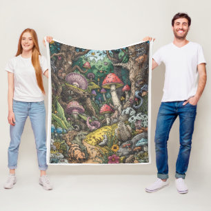 A psychedelic woodland fleece blanket