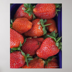 a punnet of ripe fresh strawberries for sale in poster