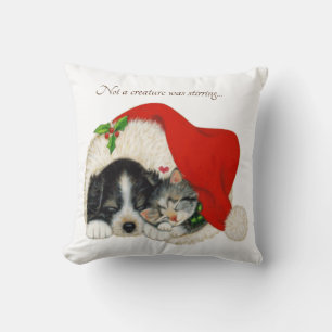 A puppy and kitty in Santa hat Throw Pillow