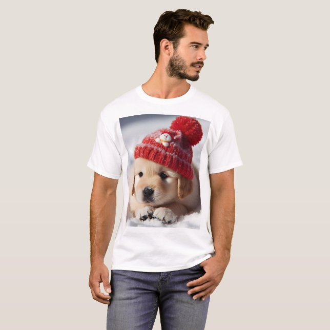 a puppy wearing a red hat with a snowman on it T-Shirt (Front Full)