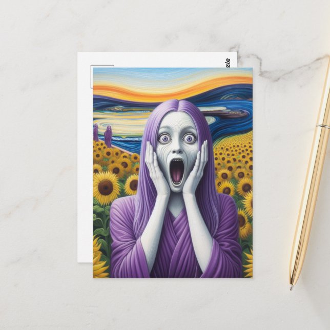 A Purple Alien Woman Screaming Sunflowers Postcard (Front/Back In Situ)
