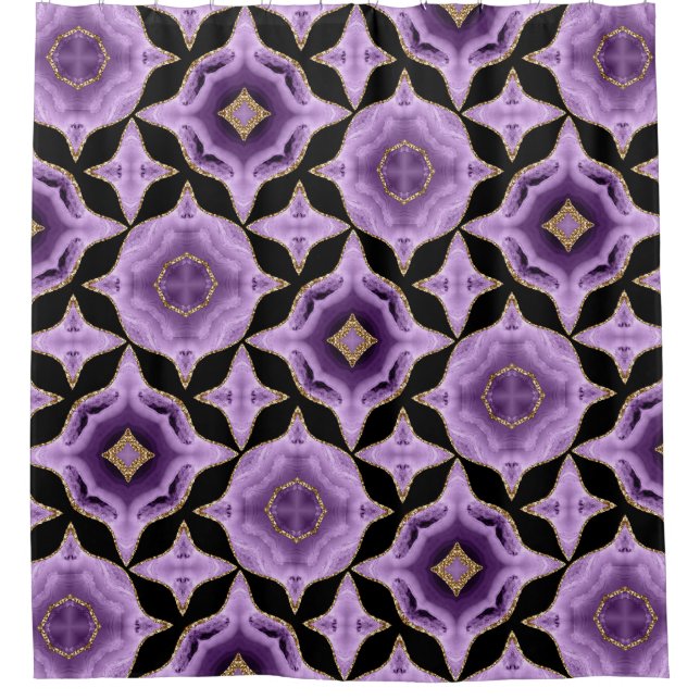 A purple amethyst gold and black abstract shower curtain (Front)