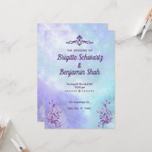 A purple blue aesthetic wedding invitation 
