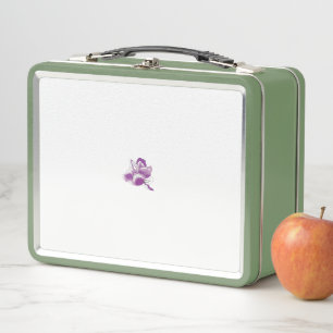 a purple flower with a white background metal lunch box