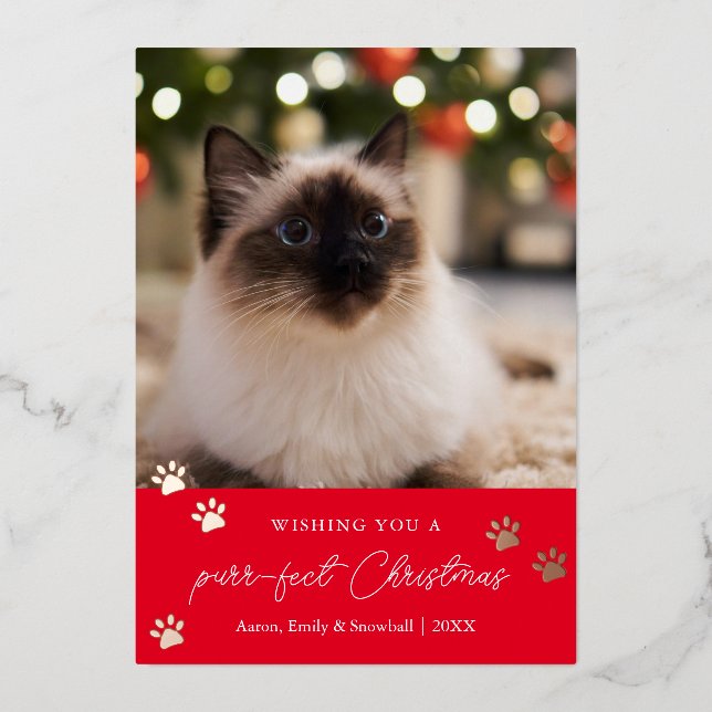 A Purr-fect Christmas Pet Photo Foil Holiday Card (Front)