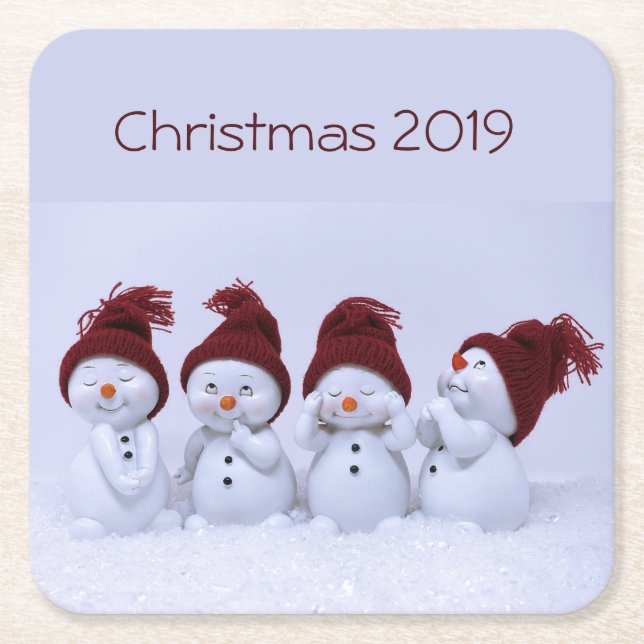 A quartet of snowmen square paper coaster (Front)