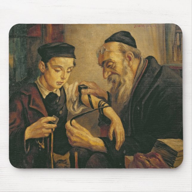 A Rabbi tying the Phylacteries to the arm of a boy Mouse Mat (Front)