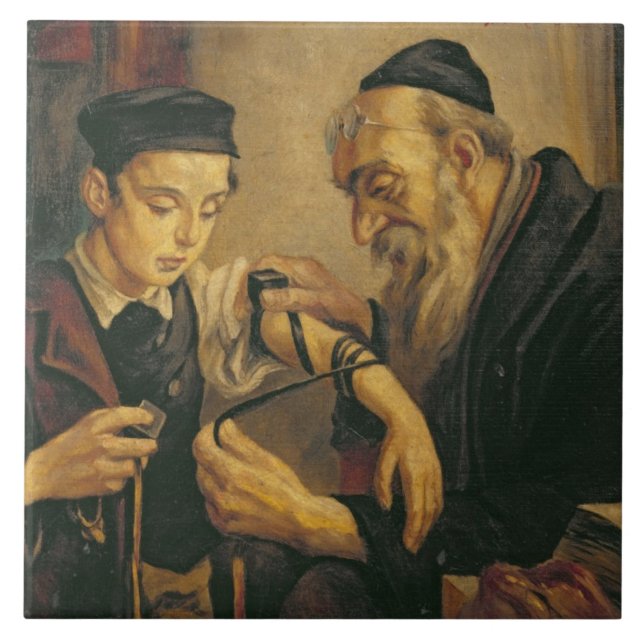 A Rabbi tying the Phylacteries to the arm of a boy Tile (Front)