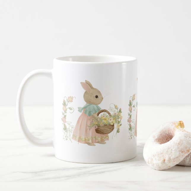 a rabbit in a dress with a basket of flowers coffee mug (With Donut)