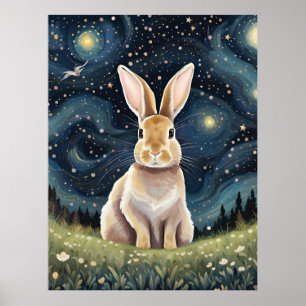 A Rabbit in The Starry Night Poster