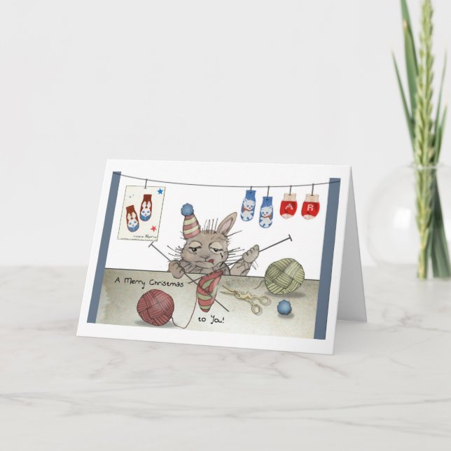 A Rabbit Knitting a Christmas Hat Card (Front)