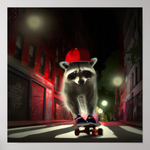 A racoon skater skating in a street at night poster