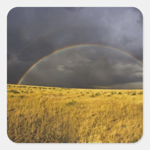 A rainbow appearing through a misty after noon square sticker