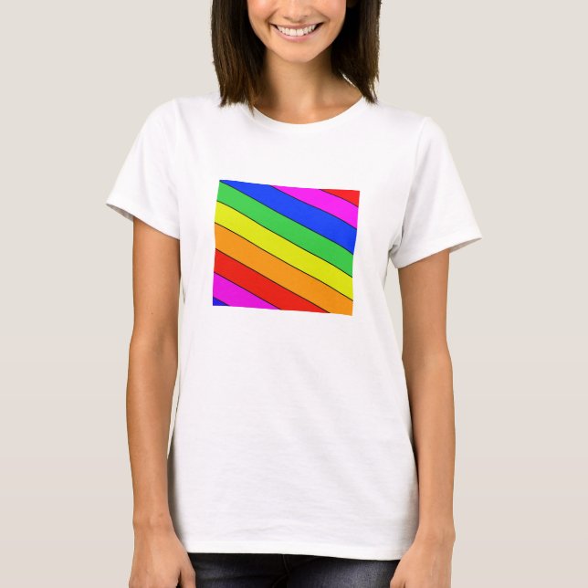A Rainbow of Primary Coloured Diagonal Stripes on  T-Shirt (Front)