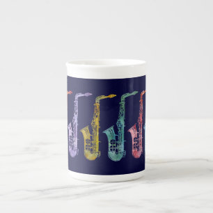 A Rainbow of Retro Style Saxophones Bone China Mug