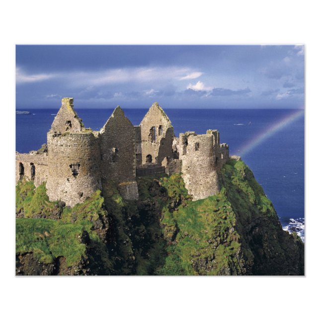 A rainbow strikes mediaeval Dunluce Castle on Photo Print (Front)