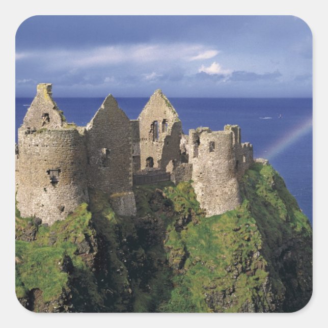 A rainbow strikes mediaeval Dunluce Castle on Square Sticker (Front)