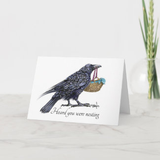 A raven bringing a baby in a basket card