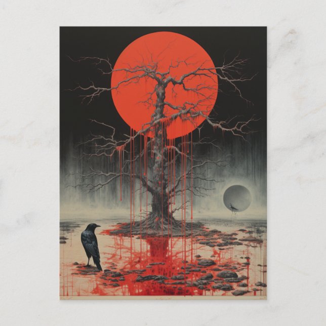 A Raven Dead Tree Red  Postcard (Front)