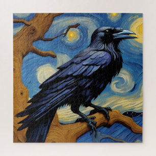 A Raven in an Old Oak Tree Starry Night Jigsaw Puzzle
