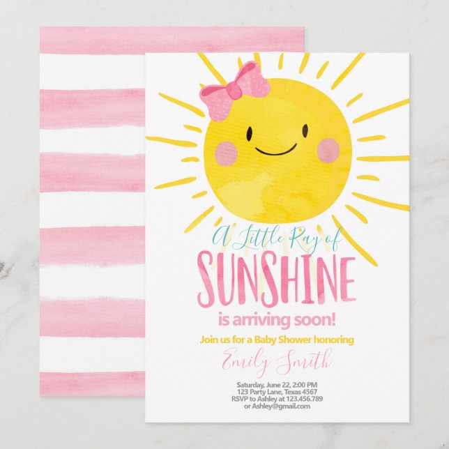 A Ray Of Sunshine Little Girl Pink Baby Shower Invitation (Front/Back)