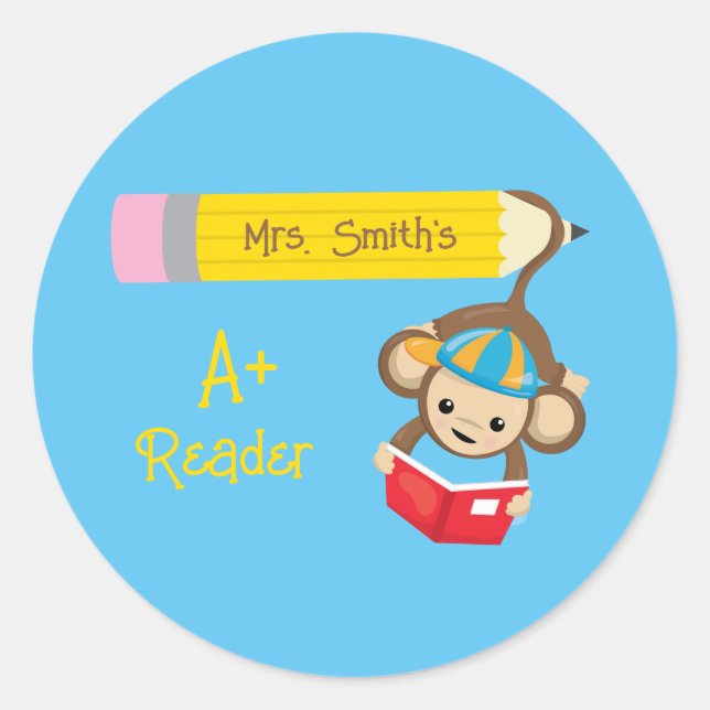 A+ Reader Customisable Monkey Reading Book Classic Round Sticker (Front)