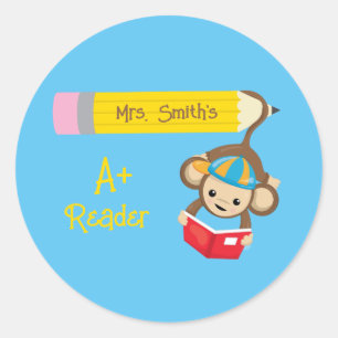 A+ Reader Customisable Monkey Reading Book Classic Round Sticker